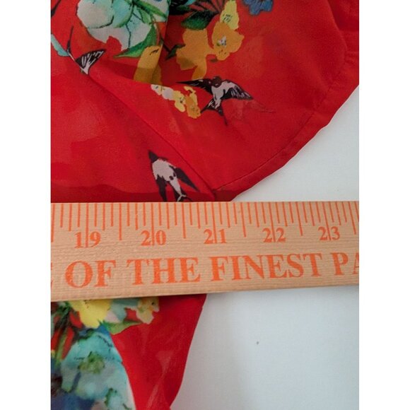 Fig & Flower Floral Shirt Womens Size Large Red Bird Sheer Roll Tab Sleeves - Picture 11 of 12